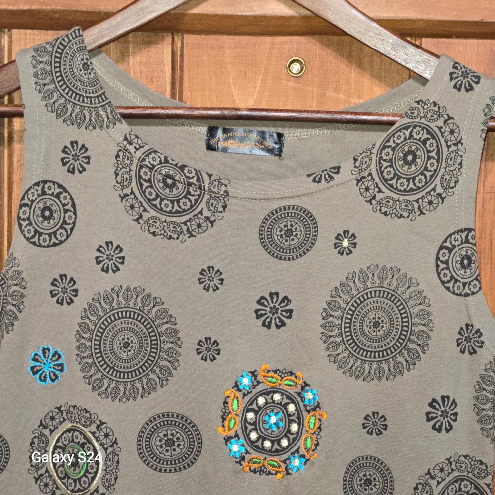 Tibetan Himalayan Gift Shop Wmns M Olive Green Cotton Mandala‎ Embroidered Dress